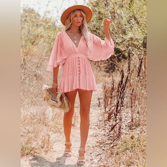 NWT-Bohemian Lace Dress w/ Deep Neck and Batwing - Picture 5 of 8